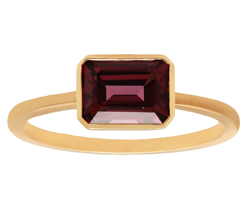 Citrine inlay rings-Emerald Cut Rhodolite Garnet Bezel Ring