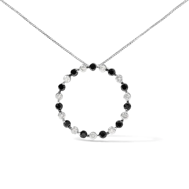 Citrine drop necklaces-.925 Sterling Silver 1 3/4 Cttw Alternating Black and White Diamond Open Circle Hoop Pendant Necklace