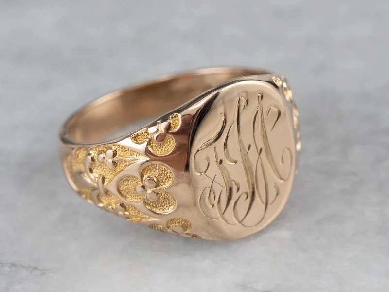 Cast name rings-Ornate Gold "TJA" Engraved Signet Ring