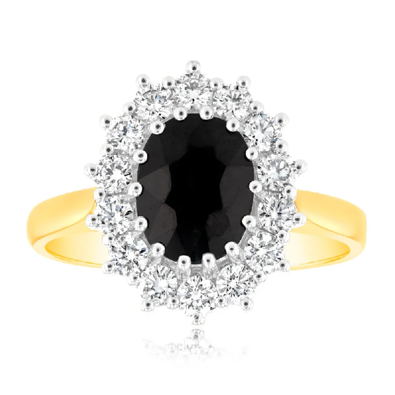 Crescent wax rings-Luminesce Lab Grown 9ct Yellow Gold 0.70 Carat Diamond & 2.6ct Natural Black Sapphire 9x7mm Ring