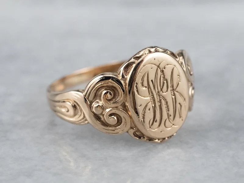 Stacked design rings-Antique "JRR" Ornate Gold Signet Ring