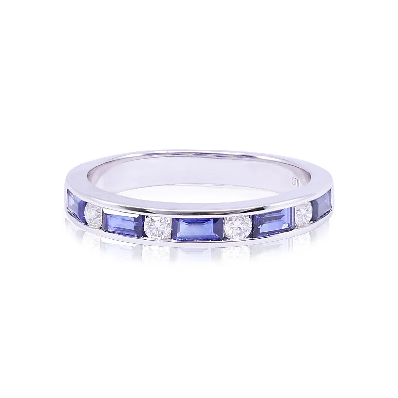 Coiled thread rings-14K WHITE GOLD BLUE SAPPHIRE AND DIAMOND STATION RING