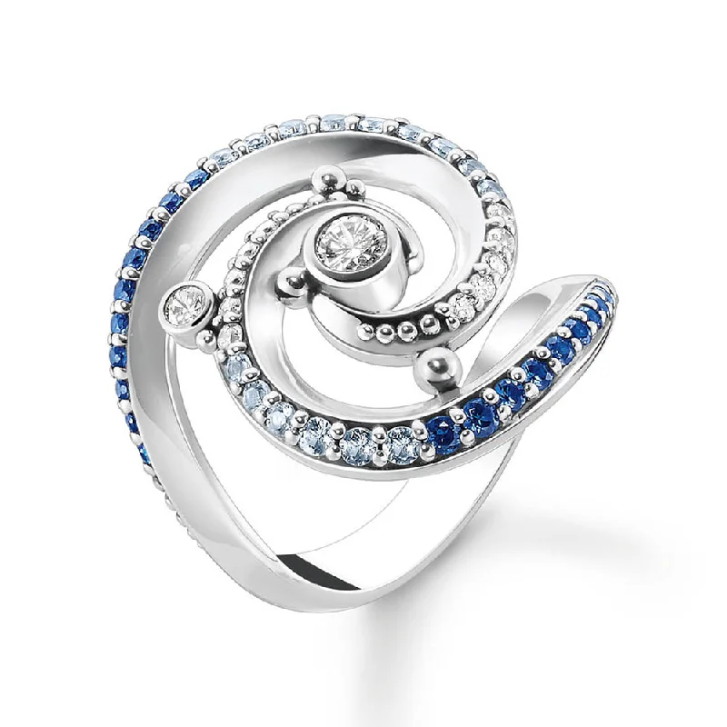 Goshenite cut rings-Thomas Sabo Sterling Silver Ocean Curled Wave Blue Cubic Zirconia Ring