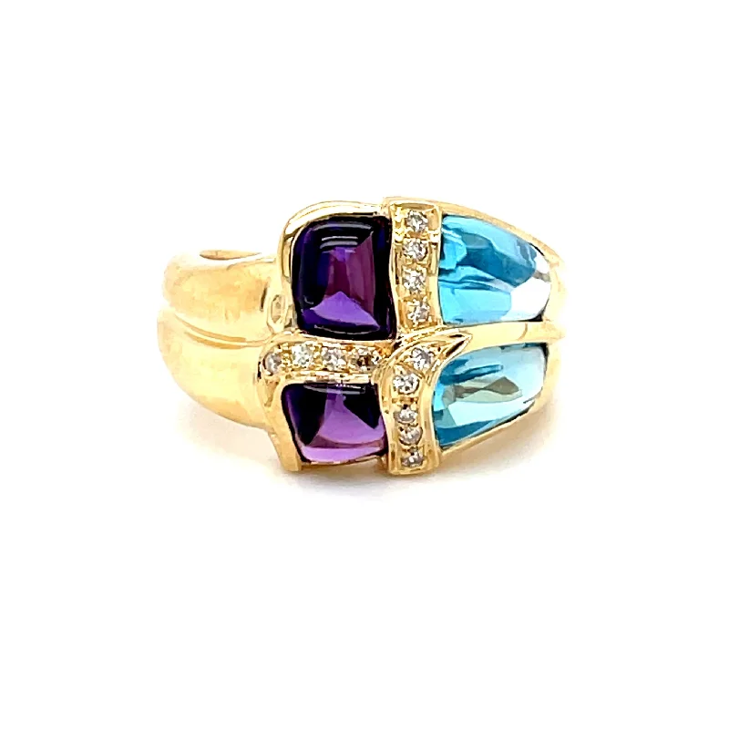 Rustic lock rings-ESTATE 18K YELLOW GOLD BLUE TOPAZ & AMETHYST CABOCHON RING