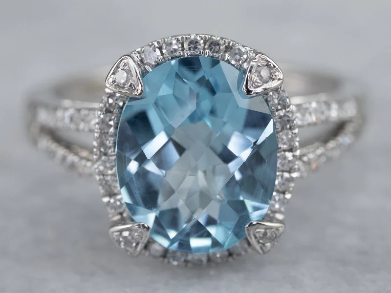 Firm band rings-White Gold Blue Topaz Diamond Halo Ring