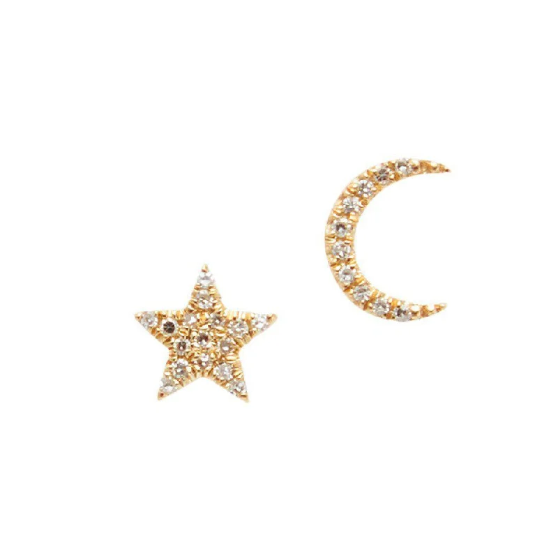 Ripple theme earrings-Star and Moon Yellow Gold Diamond Stud Earrings