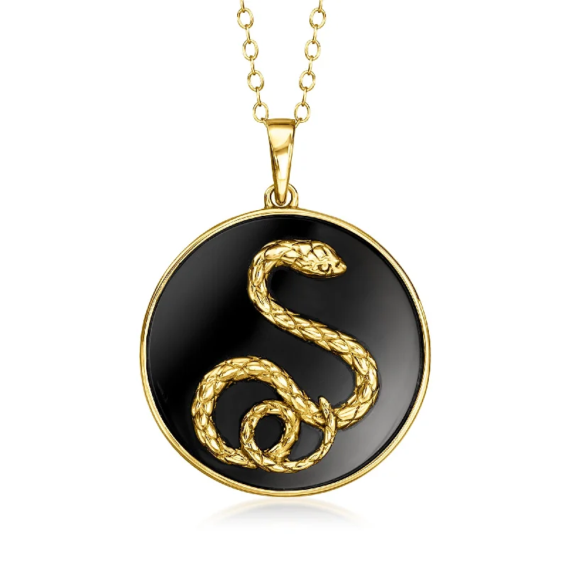 Baroque pearl necklaces-Ross-Simons Black Agate Snake Pendant Necklace in 18kt Gold Over Sterling