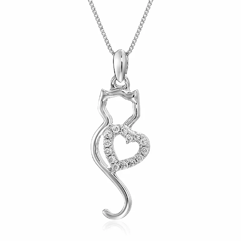 Danburite necklaces-1/10 cttw Diamond Cat Pendant In 14K White Gold with 18 Inch Chain