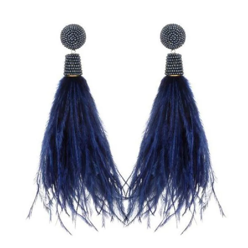 Small dot earrings-Navy Feather Earrings