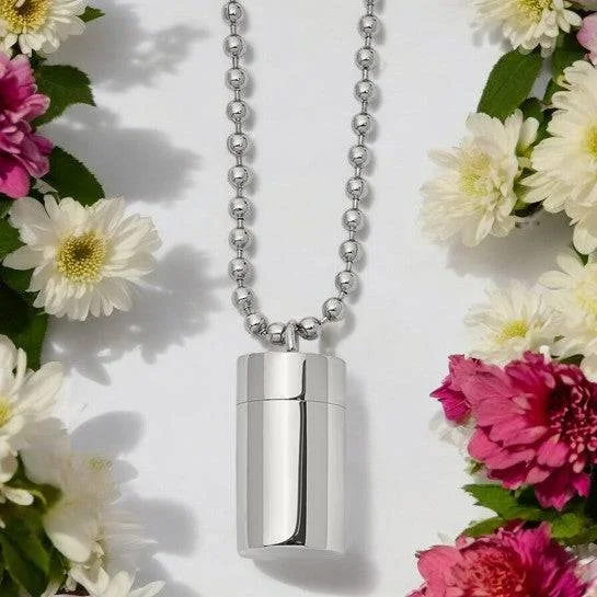 Clear stone necklaces-Stainless Steel Polished Capsule Necklace with 22-inch Ball Chain - Memorial Keepsake Jewelry