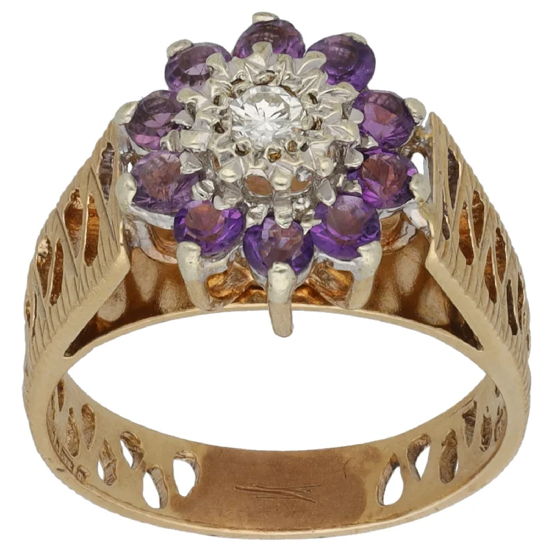 Vision eye rings-9ct Gold Amethyst & Cubic Zirconia Cluster Ring Size N