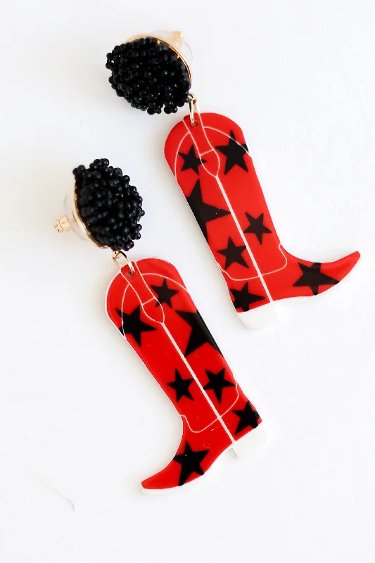 Simple cross earrings-Red + Black Cowboy Boot Earrings