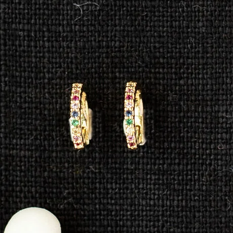 Strand bead earrings-Rainbow CZ Stones Huggy Hoop Earring