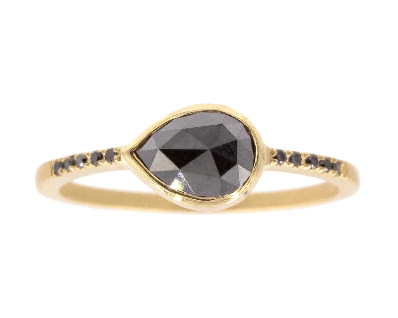 Rustic flair rings-0.83ct Pear Rose-cut Black Diamond & Yellow Gold Pavé Bezel Ring