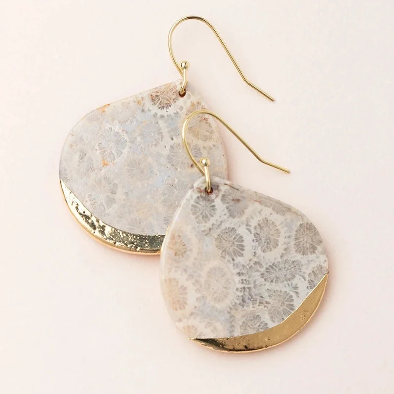 Etched disc earrings-Fossil Coral & Gold - Stone Dipped Teardrop Earrings