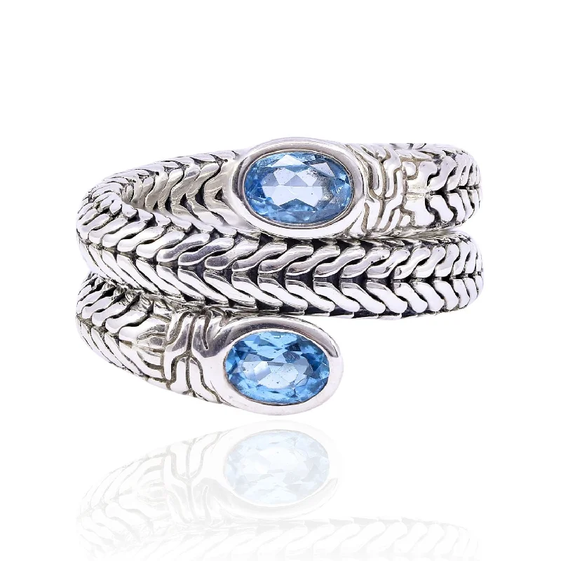 Whimsical rings-ESTATE STERLING SILVER JOHN HARDY THREE-ROW CAMI CHAIN SNAKE RING WITH BLUE TOPAZ