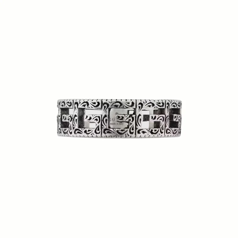 Round stone rings-GUCCI AGED STERLING SILVER G CUBE GEOMETRIC CUT PATTERNED SQUARE RING