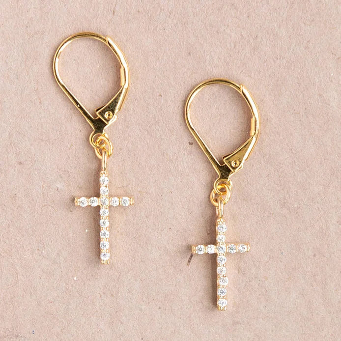 Garnet stone earrings-Cross Cubic Zirconia Leverback Earring Dangle Religion