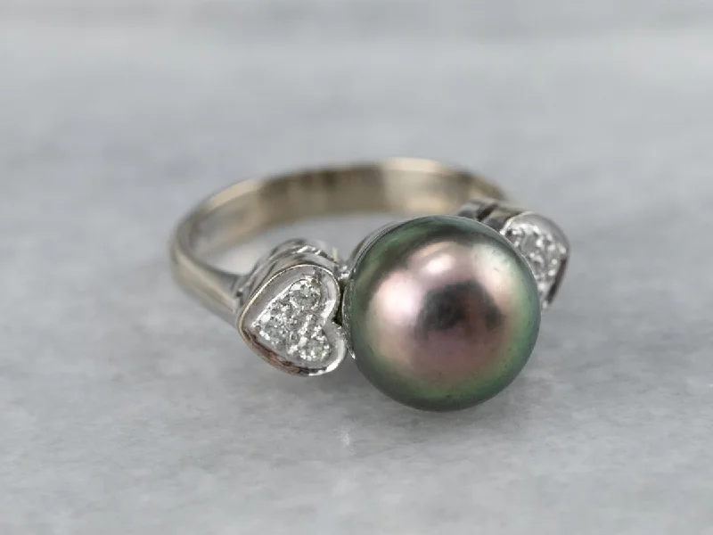 Soft texture rings-Sweetheart Diamond and Black Pearl Ring