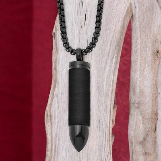 Octagon pendant necklaces-Stainless Steel Brushed and Polished Black IP-plated Bullet Capsule Pendant