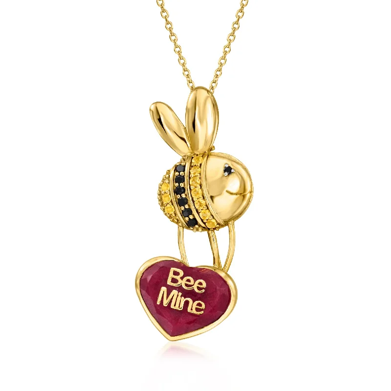 Owl charm necklaces-Ross-Simons Ruby "Bee Mine" Bumblebee Heart Pendant Necklace With . Citrines and . Black Spinels in 18kt Gold Over Sterling