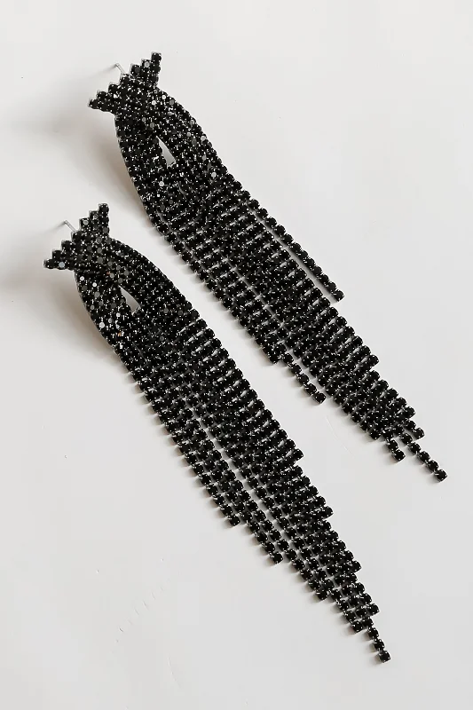 Gem-twisted earrings-FINAL SALE - Dakota Black Rhinestone Fringe Earrings