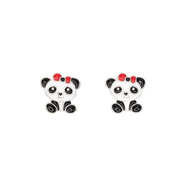 Trekker weave earrings-Panda Enamel Post Stud Earring Animal Red Bow Children's Jewelry