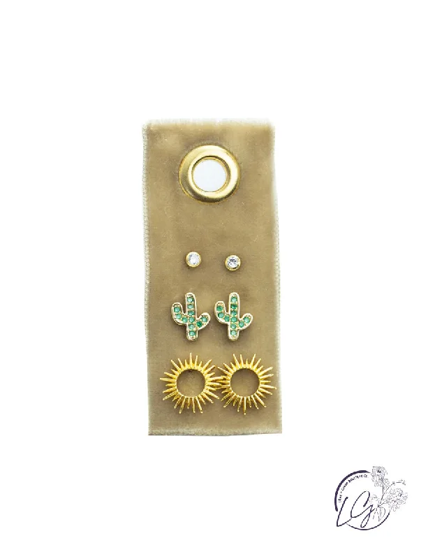 Firm ring earrings-Cactus Velvet Stud Gift Set