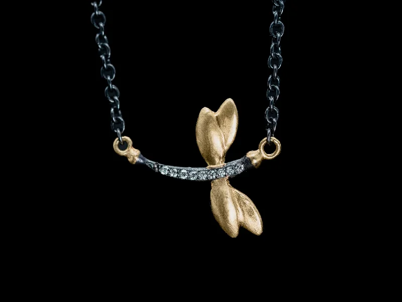 Whimsical charm necklaces-24k Yellow Gold, Oxidized Sterling Silver and Diamond Dragonfly Necklace