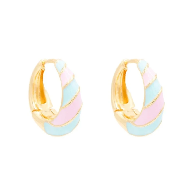 Gem-twisted earrings-Pink and Blue Stripe Enamel Huggie Hoop Earring