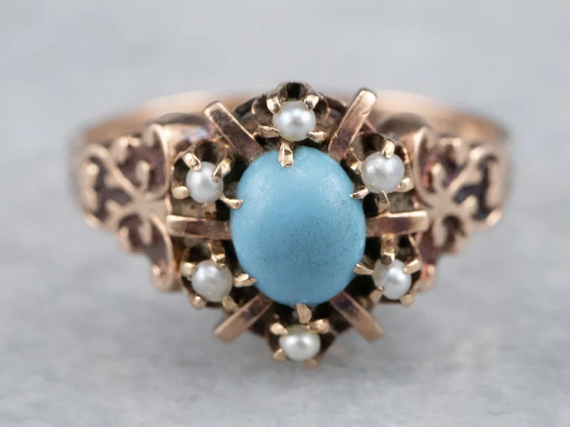 Gothic style rings-Victorian Era Glass Turquoise and Seed Pearl Halo Ring