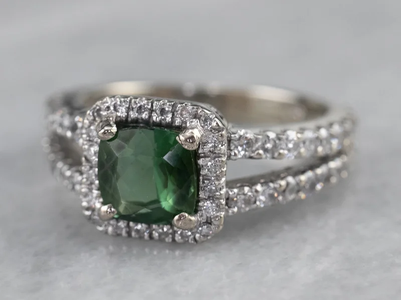 Angled shank rings-Green Tourmaline Diamond Halo Ring