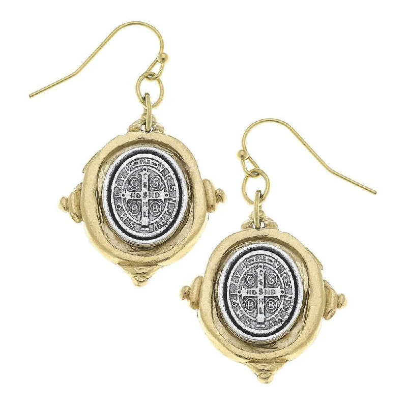 Bold tier earrings-Saint Benedict Oval Coin Dangle Earrings