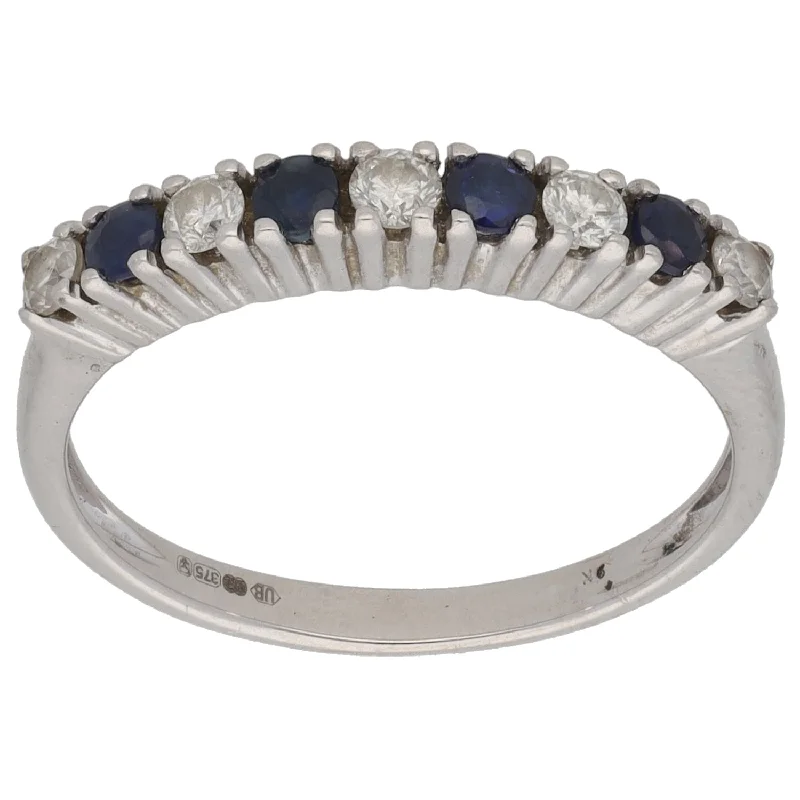 Round design rings-9ct White Gold Sapphire & 0.25ct Diamond Half Eternity Ring Size O