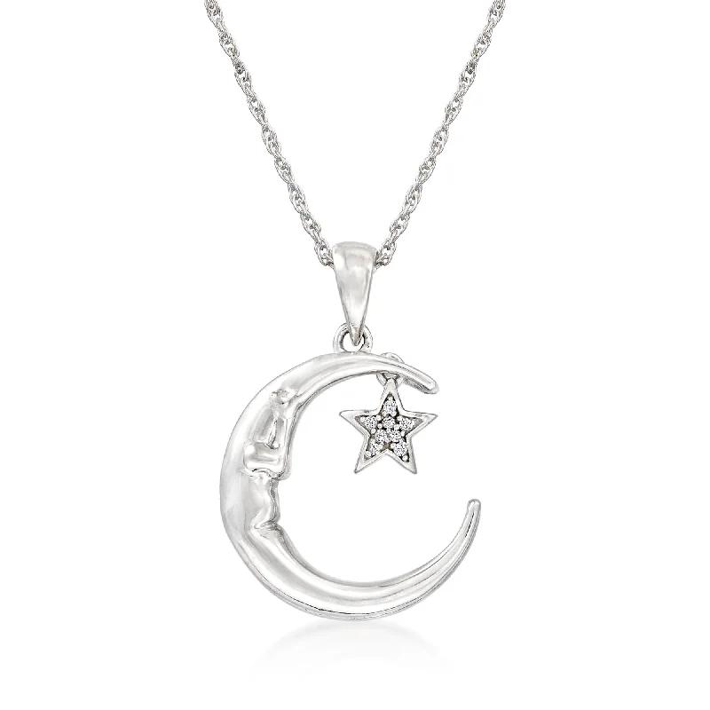 Sisal cord necklaces-Ross-Simons Diamond-Accented "Love You To The Moon and Back" Moon and Star Pendant Necklace in Sterling Silver