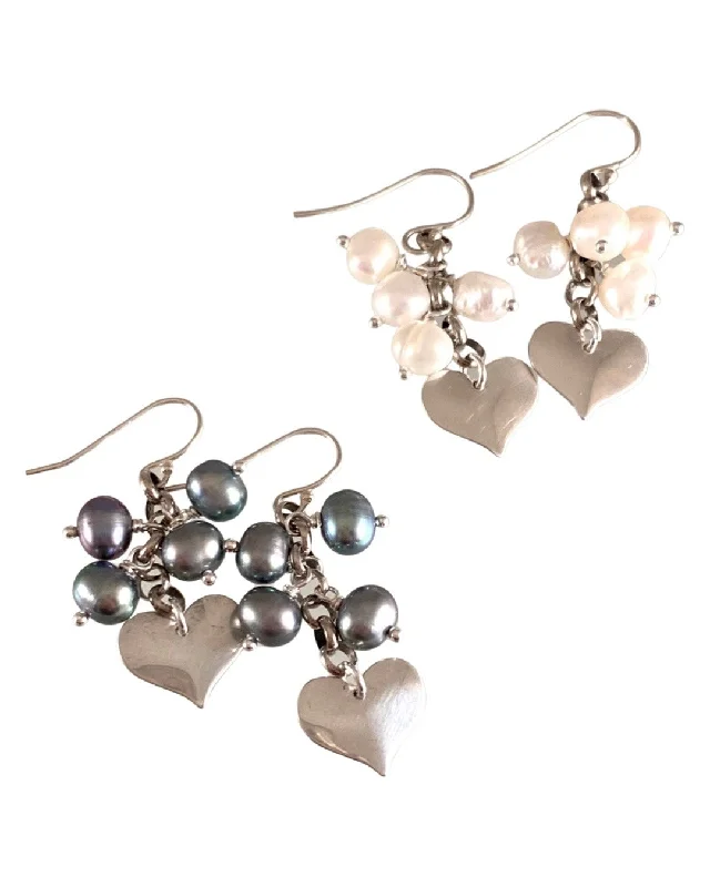 Shiny druzy earrings-Pearl & Heart Charm Earrings