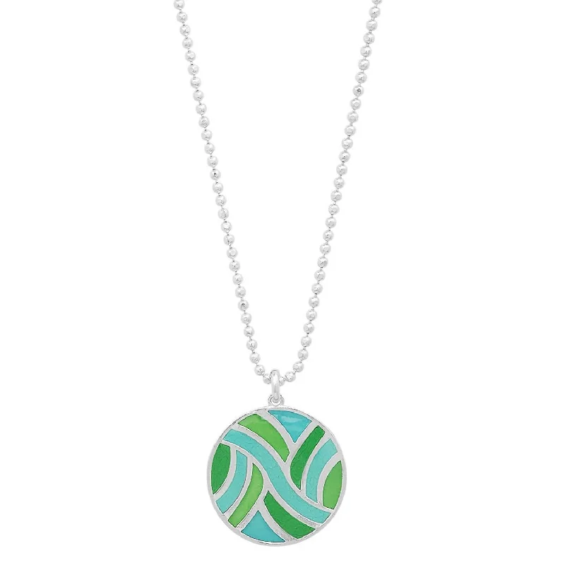 Fluorite stone necklaces-Women's Large Round Enameled "swirl" Pendant Necklace In Sterling/turquoise