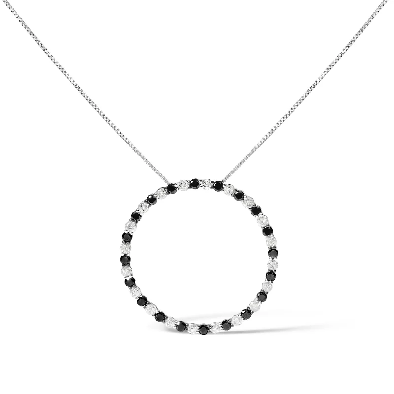 Grass weave necklaces-.925 Sterling Silver 2.0 Cttw Alternating Black and White Diamond Open Hoop Circle Pendant Necklace