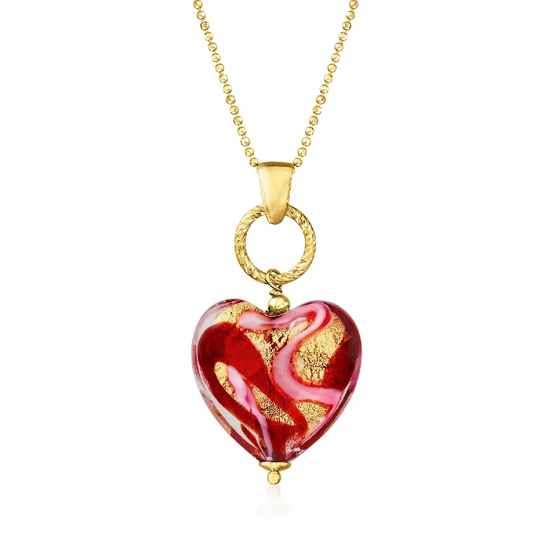 Elastic thread necklaces-Ross-Simons Italian Red and Pink Murano Glass Heart Necklace in 18kt Gold Over Sterling