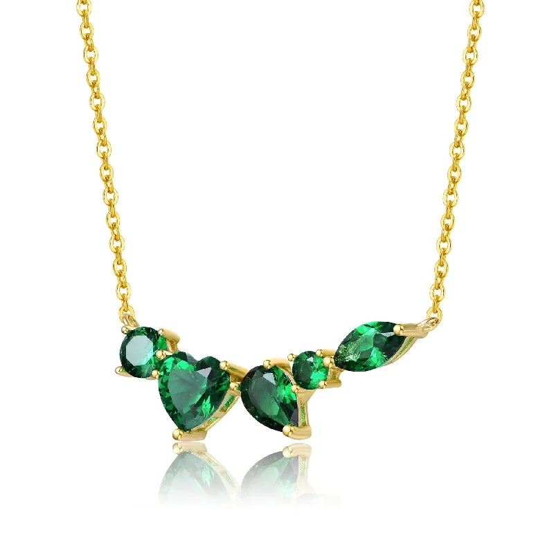 Round shape necklaces-GV Sterling Silver 14k Yellow Gold Plated Mixed Cut Emerald Cubic Zirconia Cluster Necklace