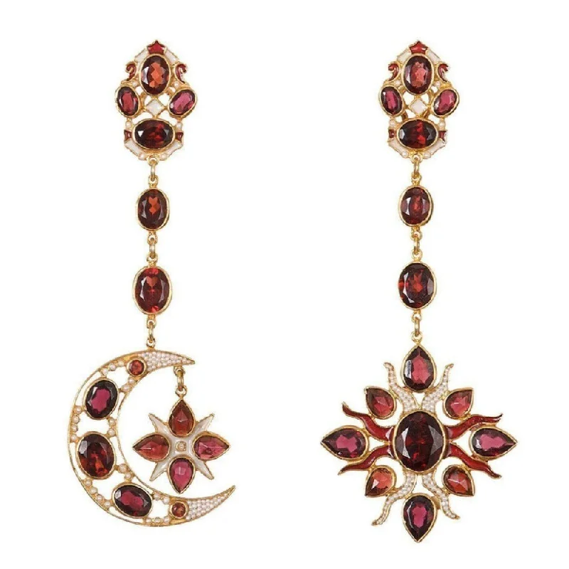 Fine threader earrings-Garnet Moon and Sun Earrings