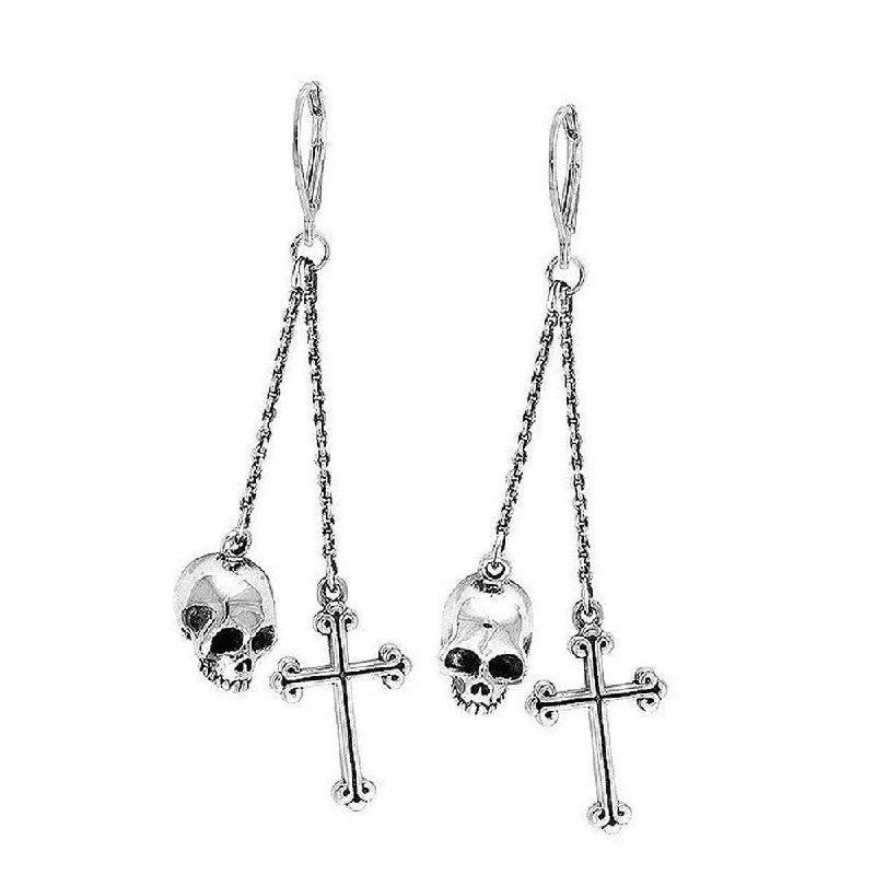 Glossy silver earrings-Double Chain Earrings, Hamlet Skull, Cross Drops