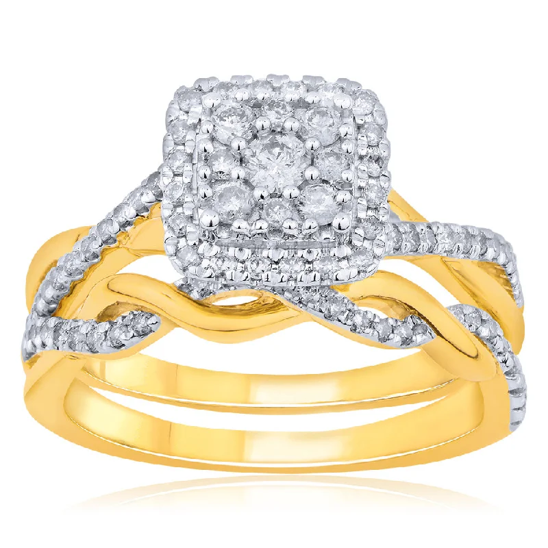 Firm gold rings-9ct Yellow Gold 1/2 Carat Diamond Bridal 2-Ring Set with Cushion Shape Cluster