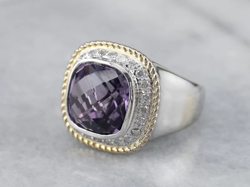 Neat modern rings-Amethyst Diamond Halo White Gold Statement Ring