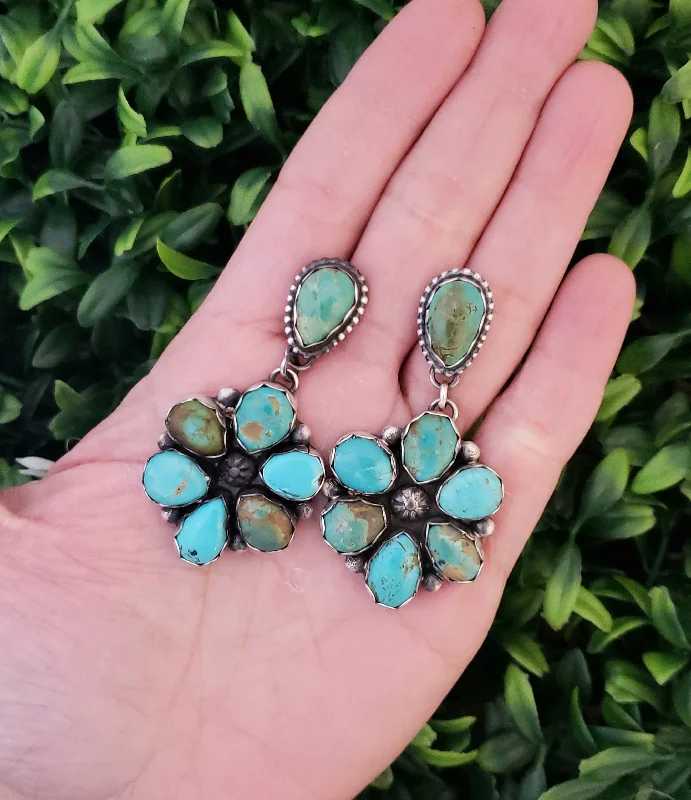 Slim rose earrings-Stamped Sterling Silver Turquoise Cluster Dangle Earrings