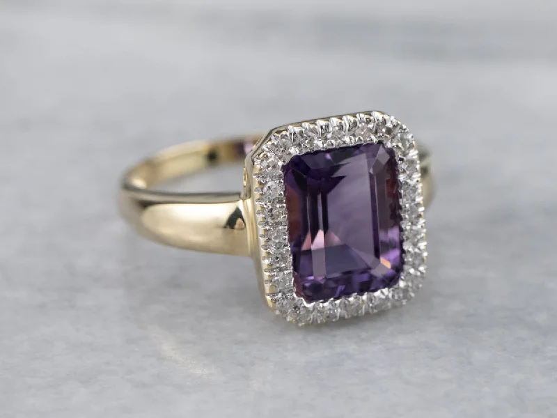 Angled shank rings-Amethyst and Diamond Halo Ring