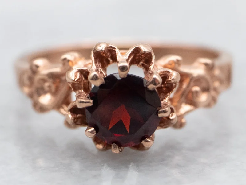 Citrine inlay rings-Ornate Rose Gold Garnet Solitaire Ring