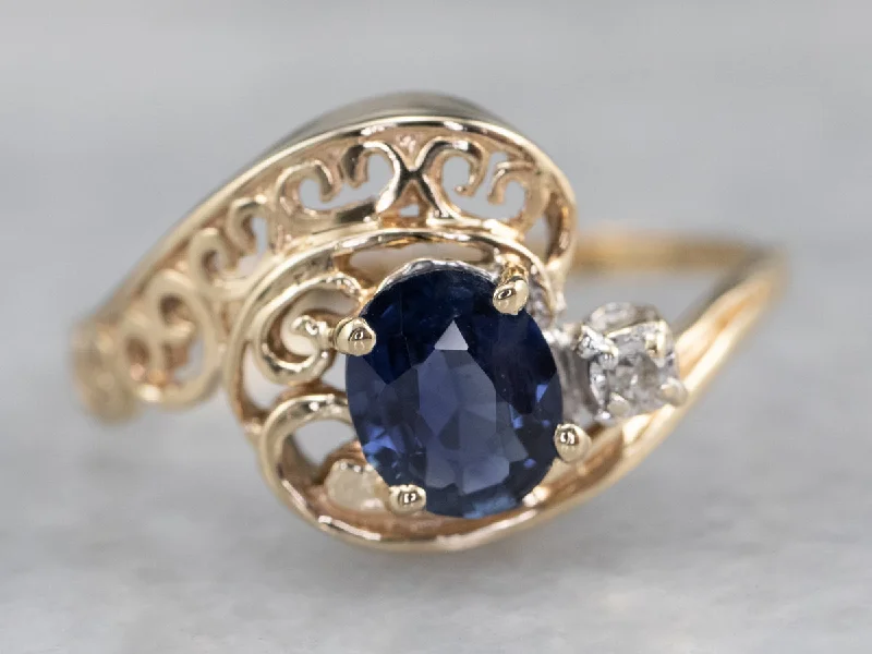 Sodalite inlay rings-Asymmetrical Sapphire Diamond Gold Filigree Ring