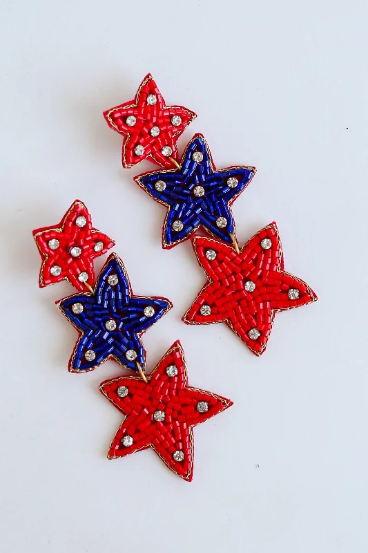 Pale clay earrings-Red + Blue Beaded Star Drop Earrings