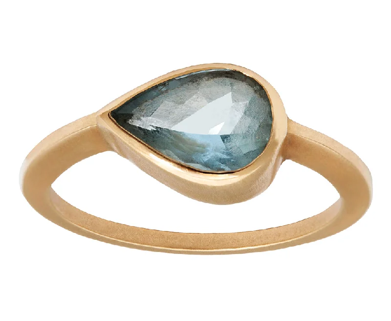 Ripple inlay rings-3ct Pear Aquamarine & Gold Bezel Ring